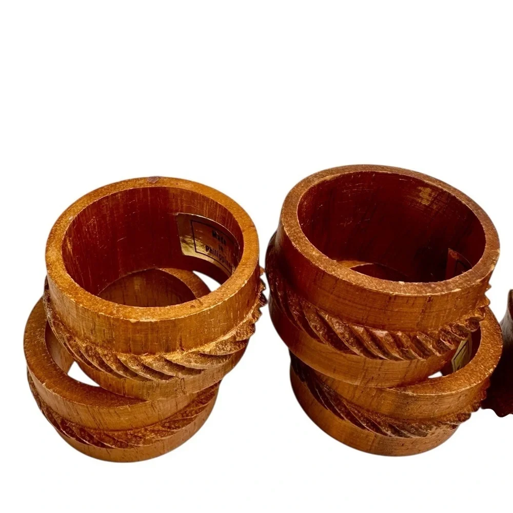 Vintage Napkin Rings Carved Wooden Dark Brown Wood Natural Boho Mixed Lot of 8